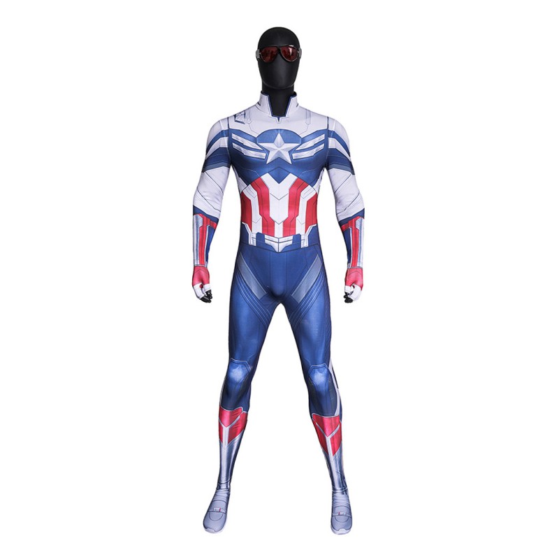 Captain America Brave New World Jumpsuit Sam Wilson White Blue Cosplay Costume Printed Suit