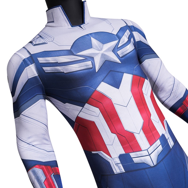 Captain America Brave New World Jumpsuit Sam Wilson White Blue Cosplay Costume Printed Suit