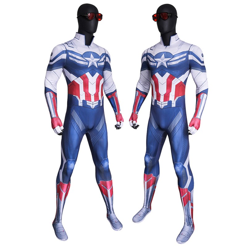 Captain America Brave New World Jumpsuit Sam Wilson White Blue Cosplay Costume Printed Suit