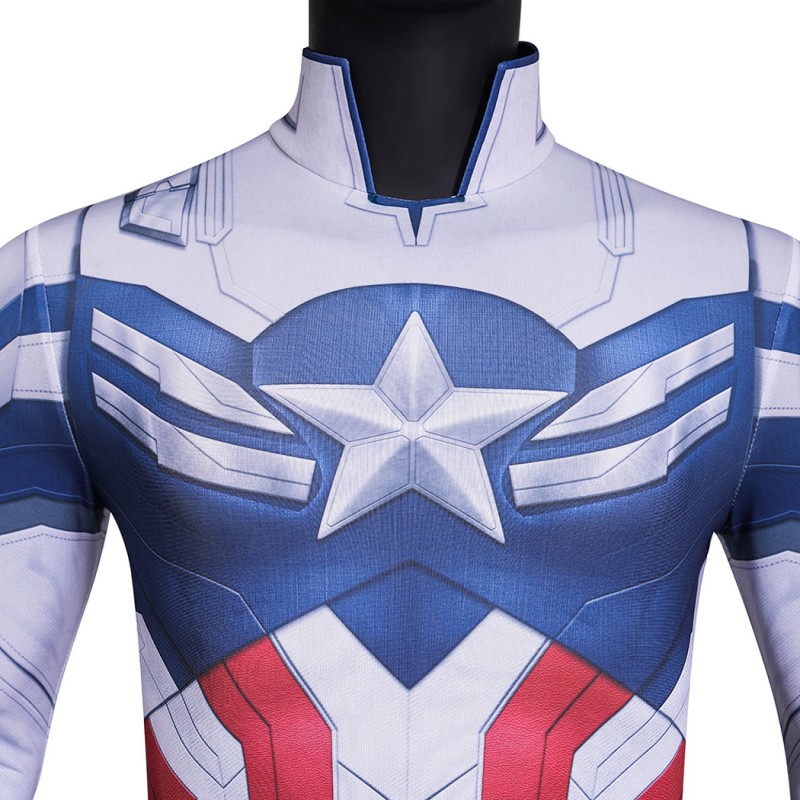 Captain America Brave New World Jumpsuit Sam Wilson White Blue Cosplay Costume Printed Suit