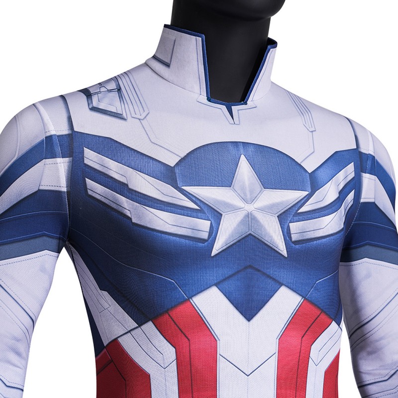 Captain America Brave New World Jumpsuit Sam Wilson White Blue Cosplay Costume Printed Suit