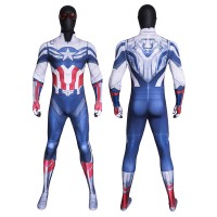 Captain America Brave New World Jumpsuit Sam Wilson White Blue Cosplay Costume Printed Suit